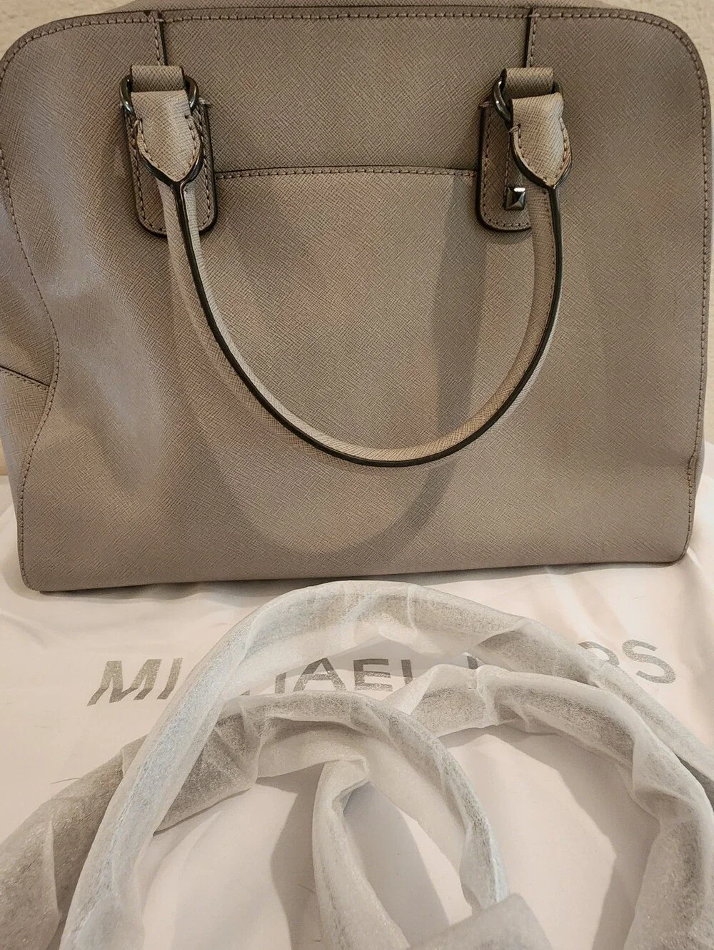 Michael Kors Sandrine Studded Saffiano Leather Large Satchel - Pearl Grey